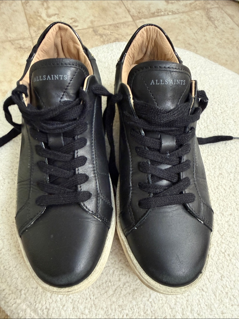 AllSaints Black Leather Women’s Low-Top Sneakers with Distressed Look - Picture 4 of 5